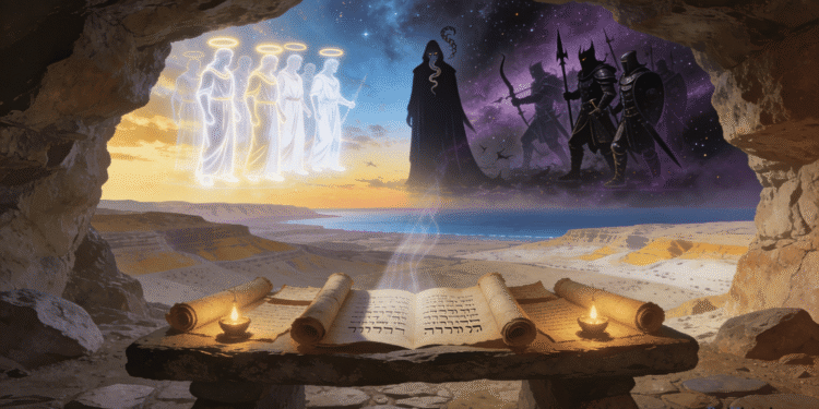 Demonología en los Rollos del Mar Muerto ueva de Qumrán con rollos del Mar Muerto sobre mesa de piedra, y al fondo la guerra cósmica entre los hijos de la luz y el ejército de Belial sobre el paisaje del Mar Muerto