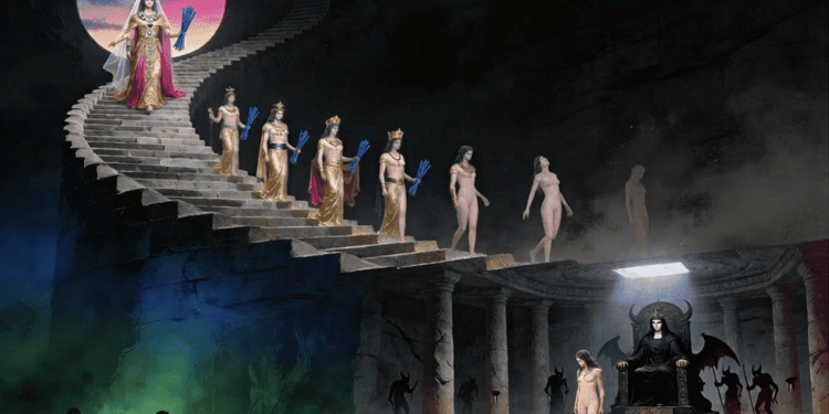 El descenso de Ishtar al inframundo: Inanna con sus atributos completos en lo alto, perdiendo joyas y vestidos en cada escalón hasta llegar desnuda ante el trono de Ereshkigal, rodeada de los demonios galla