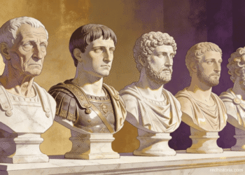 Los cinco buenos emperadores de la Dinastía Antonina en bustos romanos. De izquierda a derecha: Nerva, Trajano, Adriano, Antonino Pío y Marco Aurelio. Representación del apogeo del Imperio Romano (96-180 d.C.) con togas y armaduras imperiales.