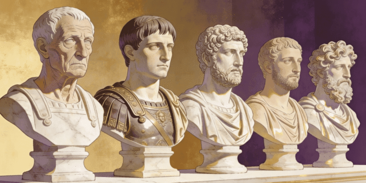Los cinco buenos emperadores de la Dinastía Antonina en bustos romanos. De izquierda a derecha: Nerva, Trajano, Adriano, Antonino Pío y Marco Aurelio. Representación del apogeo del Imperio Romano (96-180 d.C.) con togas y armaduras imperiales.