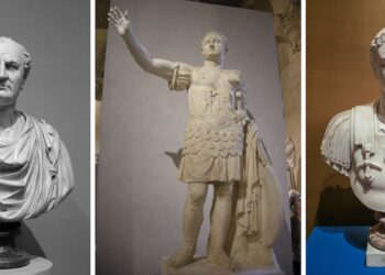 Estatuas de los tres emperadores de la dinastía Flavia romana: Vespasiano, Tito y Domiciano (69-96 d.C.)
