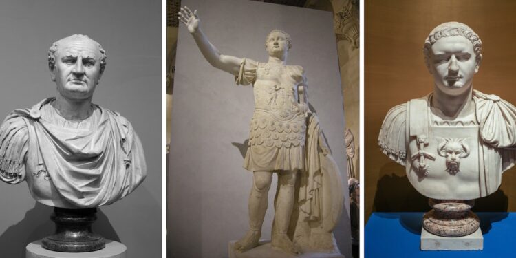 Estatuas de los tres emperadores de la dinastía Flavia romana: Vespasiano, Tito y Domiciano (69-96 d.C.)