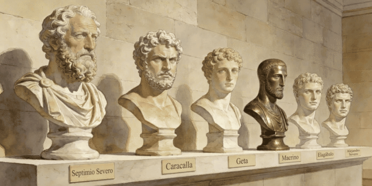 Dinastía Severa (193-235 dC): 6 emperadores romanos en 42 años. Septimio Severo fundador, reforma militar aumento salarios 50%. Caracalla Edicto ciudadanía universal 212 dC. Elagábalo revolucionario religioso. Alejandro Severo último emperador. Transformación militarismo, centralización poder, abandono ficción republicana. Crisis Siglo III consecuencia directa. Legado paradójico: reformas necesarias que llevaron al colapso posterior.