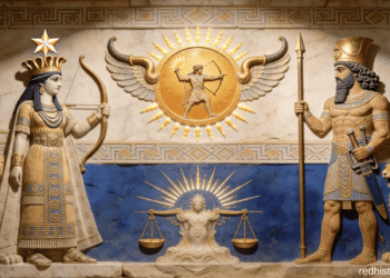 Dioses asirios: Shamash/Assur disco alado central con arco divino, flanqueado por Ishtar con arco (izquierda) y guerrero asirio con lanza (derecha), Lamassu alados protectores a los lados, escala de justicia en base, motivos geométricos y decoración lapislázuli asiria