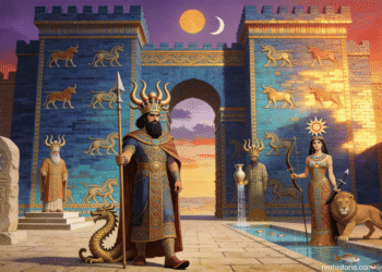 Dioses babilónicos: Marduk con dragón Mushhushshu, Shamash con sol, Ishtar con león, entre otros dioses ante la Puerta de Ishtar con azulejos azules y dorados