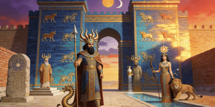 Dioses babilónicos: Marduk con dragón Mushhushshu, Shamash con sol, Ishtar con león, entre otros dioses ante la Puerta de Ishtar con azulejos azules y dorados