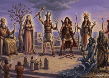 Panteón completo de dioses cananeos El, Asera, Baal, Anat, Astarté, Mot y Yamm en representación visual del sistema religioso politeísta cananeo de la Edad de Bronce