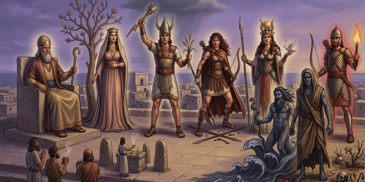 Panteón completo de dioses cananeos El, Asera, Baal, Anat, Astarté, Mot y Yamm en representación visual del sistema religioso politeísta cananeo de la Edad de Bronce