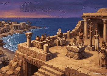 Lista de dioses filisteos: sacerdote, Astarté guerrera y estela con inscripción en un templo filisteo de la costa de Canaán