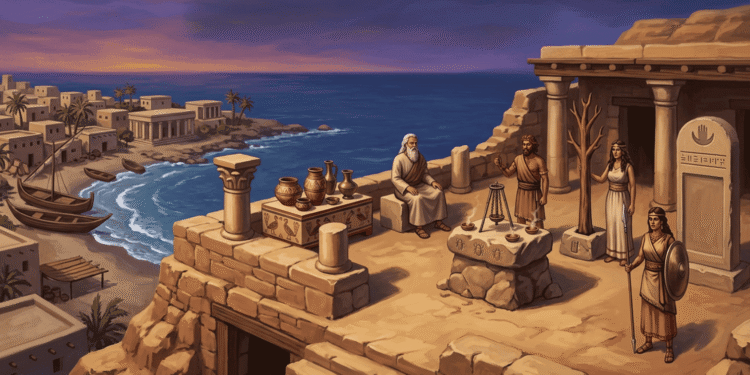 Lista de dioses filisteos: sacerdote, Astarté guerrera y estela con inscripción en un templo filisteo de la costa de Canaán