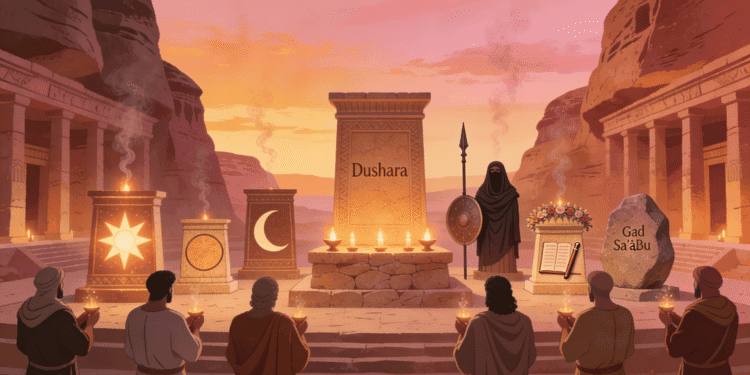 Representación artística de los dioses nabateos en un santuario de Petra. Fieles adorando ante símbolos de múltiples deidades: sol radiado (Dushara, Ruda), luna creciente (Manat), torre central dedicada a Dushara (dios supremo), lanza y escudo (Al-Qaum, Al-Uzza), libro abierto (Al-Kutbay, escritura), y piedra con inscripción "Gad Sa'bu" (fortuna). Sincretismo visual del panteón nabateo en arquitectura helenística. Luces rituales (braseros) iluminan la ceremonia al atardecer. Siglos I a.C. - I d.C., capital religiosa del reino nabateo.