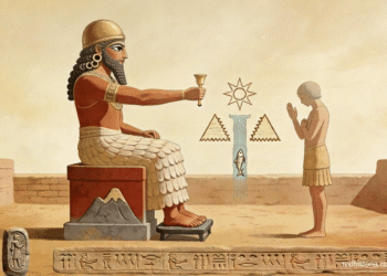 Dioses sumerios, deidad en trono con corona dorada y adorador en oración, representación del panteón sumerio antiguo con cuneiforme y símbolos de agua