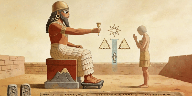 Dioses sumerios, deidad en trono con corona dorada y adorador en oración, representación del panteón sumerio antiguo con cuneiforme y símbolos de agua