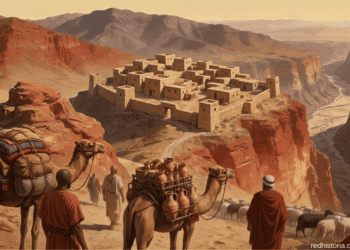 Fortaleza de los edomitas en montañas de Seir. Caravana comercial con camellos atraviesa territorio montañoso árido y mercaderes negocian paso entre desfiladeros. Arquitectura defensiva de piedra en geografía montañosa de Edom.