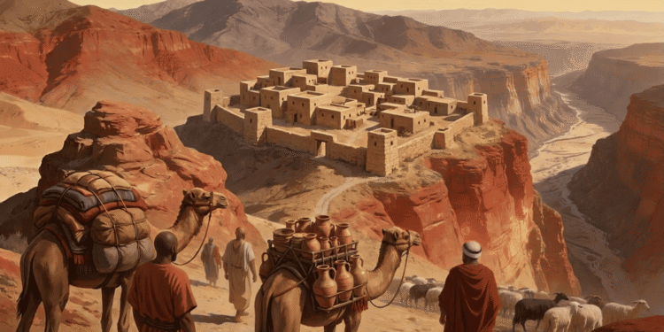 Fortaleza de los edomitas en montañas de Seir. Caravana comercial con camellos atraviesa territorio montañoso árido y mercaderes negocian paso entre desfiladeros. Arquitectura defensiva de piedra en geografía montañosa de Edom.