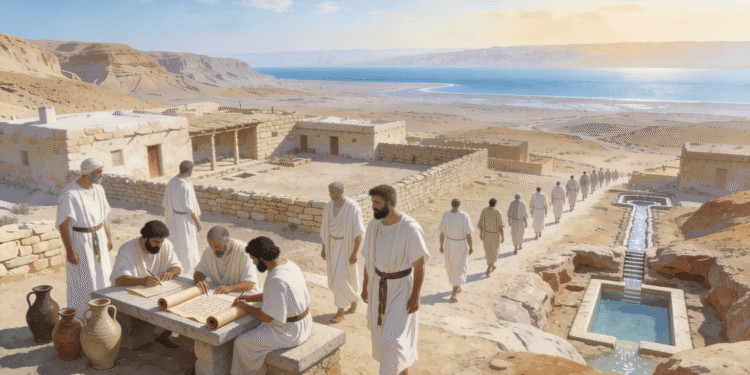 Comunidad de esenios de Qumrán con escribas copiando rollos, cisternas rituales y el Mar Muerto al fondo, recreación de la vida cotidiana en el asentamiento del siglo II a.C.