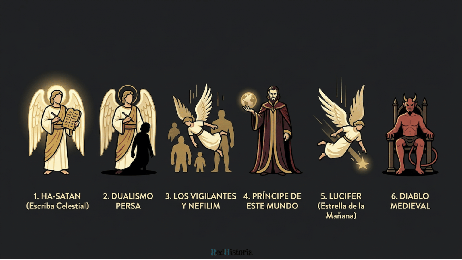 Infografía de la evolución del diablo en seis etapas: ha-satan fiscal celestial, dualismo persa, los Vigilantes y Nefilim, príncipe de este mundo, Lucifer y diablo medieval