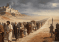 El exilio babilónico, la deportación judía a Babilonia: multitud de cautivos, ancianos, mujeres y niños marchando bajo custodia de soldados babilónicos hacia Mesopotamia (586 a.C.)