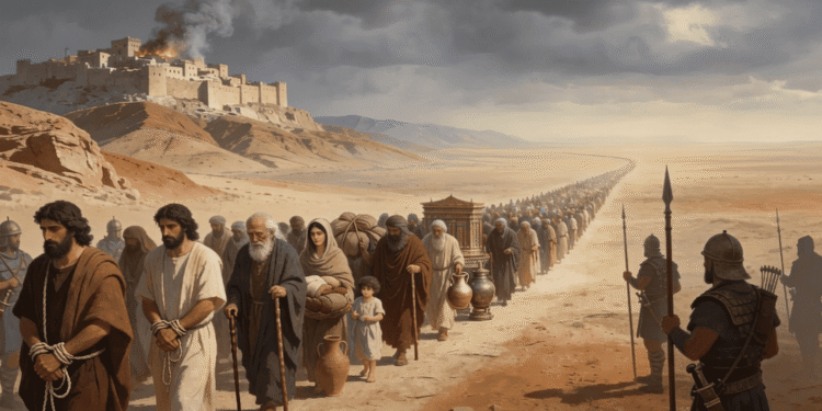 El exilio babilónico, la deportación judía a Babilonia: multitud de cautivos, ancianos, mujeres y niños marchando bajo custodia de soldados babilónicos hacia Mesopotamia (586 a.C.)