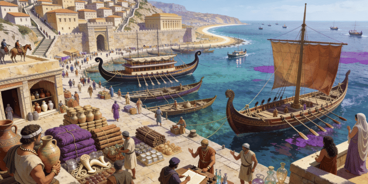 Puerto fenicio con flota de barcos, mercaderes negociando, púrpura y productos comerciales, representando el comercio y navegación del antiguo Mediterráneo de los fenicios