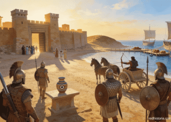 Guerreros filisteos con cascos de penacho característicos en una ciudad portuaria de la Pentápolis filistea, con cerámica filistea en primer plano y naves mediterráneas al fondo