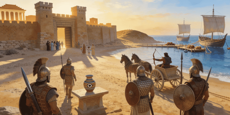 Guerreros filisteos con cascos de penacho característicos en una ciudad portuaria de la Pentápolis filistea, con cerámica filistea en primer plano y naves mediterráneas al fondo