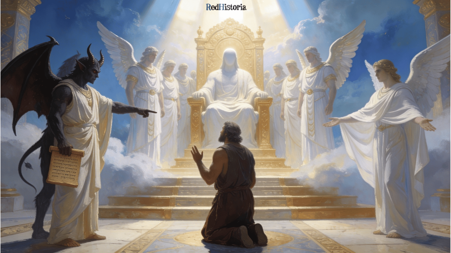 Ha-satan como fiscal celestial acusando ante el trono divino, escena del libro de Job en la corte celestial