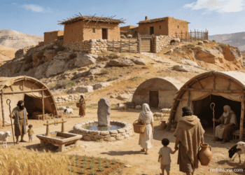 Reconstrucción de asentamiento hebreo seminómada durante la transición a sedentarismo en Palestina (c. 1200 a.C.). La imagen muestra la vida tribal típica: tiendas de campaña, ganadería ovina, pozo de agua central y primeros edificios permanentes. Esta combinación de vida nómada y agrícola caracterizaba a los hebreos antiguos antes de la confederación de las 12 tribus.