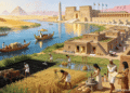 Antiguo Egipto completo con Nilo, templo, ciudad, campos cultivados, campesinos, barcos, sociedad y vida cotidiana, capturando la esencia de la civilización egipcia