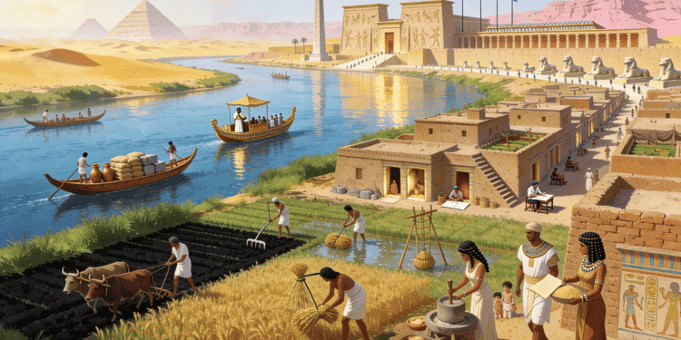 Antiguo Egipto completo con Nilo, templo, ciudad, campos cultivados, campesinos, barcos, sociedad y vida cotidiana, capturando la esencia de la civilización egipcia