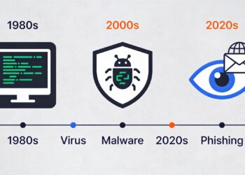 Timeline de evolución de amenazas de ciberseguridad desde los años 1980 hasta 2020: virus informáticos, malware y phishing. Infografía histórica de la seguridad digital
