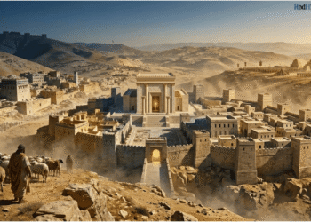 Historia de Israel: reconstrucción de Jerusalén antigua durante la monarquía unida, con el Primer Templo monumental en el centro rodeado de murallas fortificadas levantinas, casas urbanas, y pastores con rebaños en las afueras, representando la síntesis de poder religioso, político y economía agraria del Reino de Judá.