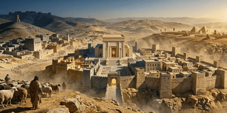 Historia de Israel: reconstrucción de Jerusalén antigua durante la monarquía unida, con el Primer Templo monumental en el centro rodeado de murallas fortificadas levantinas, casas urbanas, y pastores con rebaños en las afueras, representando la síntesis de poder religioso, político y economía agraria del Reino de Judá.