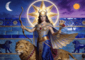 Ishtar, diosa mesopotámica del amor y la guerra, con arco, león, estrella de ocho puntas y muralla de azulejos de la Puerta de Babilonia al fondo