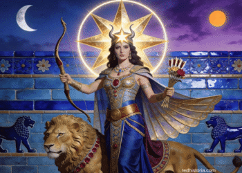Ishtar, diosa mesopotámica del amor y la guerra, con arco, león, estrella de ocho puntas y muralla de azulejos de la Puerta de Babilonia al fondo