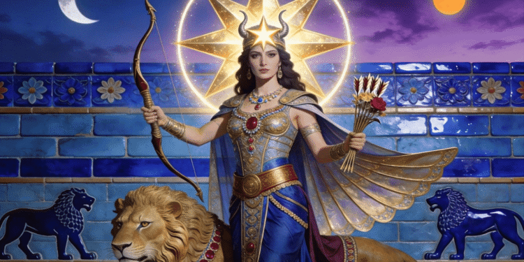 Ishtar, diosa mesopotámica del amor y la guerra, con arco, león, estrella de ocho puntas y muralla de azulejos de la Puerta de Babilonia al fondo