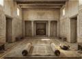 Historia del judaísmo, reconstrucción de una sinagoga judía romana antigua mostrando el Rollo de la Torá desplegado, menorá (candelabro sagrado) y arquitectura helenística típica del Segundo Templo