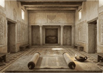 Historia del judaísmo, reconstrucción de una sinagoga judía romana antigua mostrando el Rollo de la Torá desplegado, menorá (candelabro sagrado) y arquitectura helenística típica del Segundo Templo