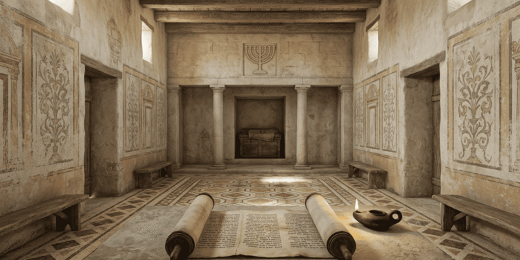 Historia del judaísmo, reconstrucción de una sinagoga judía romana antigua mostrando el Rollo de la Torá desplegado, menorá (candelabro sagrado) y arquitectura helenística típica del Segundo Templo