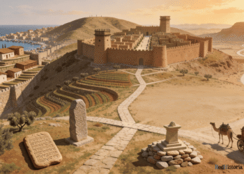 Reconstrucción panorámica del Levante antiguo mostrando la síntesis de civilizaciones: fortaleza fortificada en la colina central, ciudad costera con barcos fenicios en el Mediterráneo, terrazas agrícolas levantinas, inscripciones en piedra, caravanas comerciales y paisaje montañoso, reflejando la diversidad geográfica y económica de la región entre 3000-63 a.C.