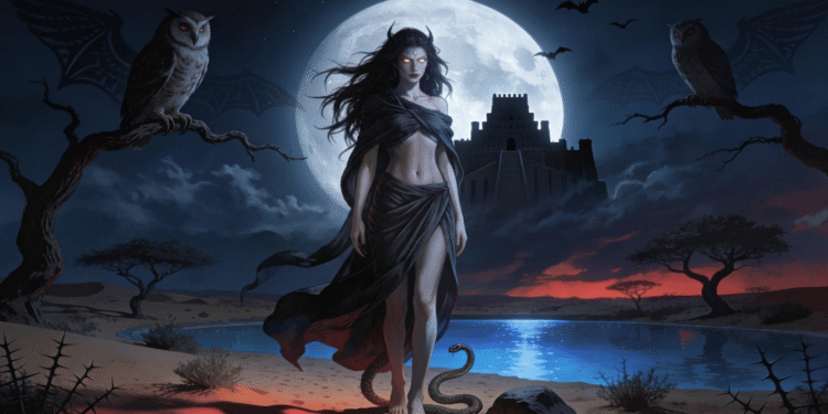 Lilith como demonio nocturno en el desierto, flanqueada por búhos y murciélagos, con una serpiente a sus pies y una zigurat babilónica al fondo, representando sus orígenes mesopotámicos y su función en la tradición judía