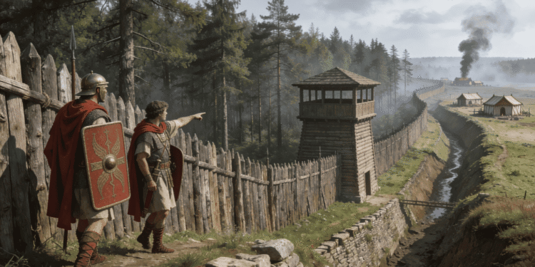 Soldados romanos en el Limes Germánico: muralla de madera reforzada con terraplén de tierra, torres de vigilancia, foso defensivo y bosque germánico. Reconstrucción histórica de la frontera romana fortificada contra tribus germánicas en el siglo II dC.