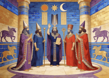Cinco reyes babilónicos con coronas, bastón, tablilla del Código de Hammurabi, cetro. Lamassu alados dorados. Muros azul lapislázuli con cuneiforme. Sol, luna, estrella en techo