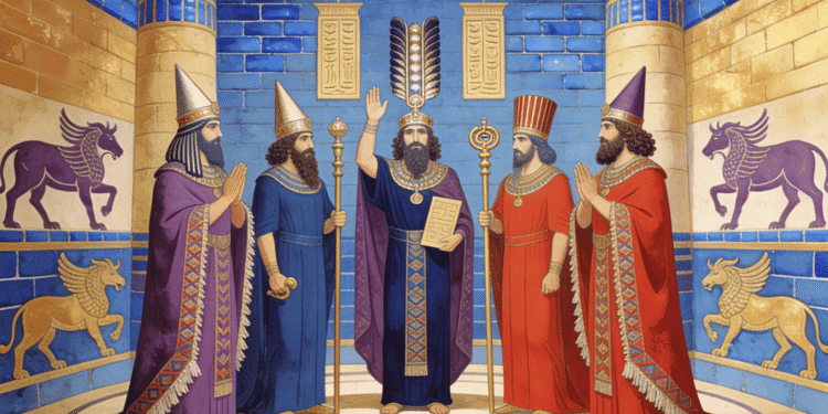 Cinco reyes babilónicos con coronas, bastón, tablilla del Código de Hammurabi, cetro. Lamassu alados dorados. Muros azul lapislázuli con cuneiforme. Sol, luna, estrella en techo