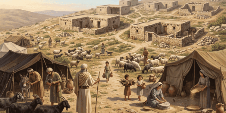 Reconstrucción de asentamiento en las tierras altas de Palestina durante la Edad del Hierro temprana, mostrando la transición de los israelitas de vida nómada a sedentaria con tiendas, estructuras de piedra permanentes, rebaños y actividades cotidianas de una comunidad tribal.