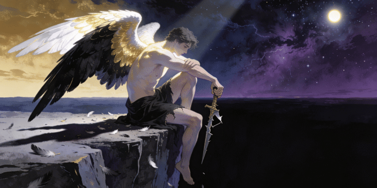Lucifer, el ángel de luz convertido en príncipe de las tinieblas, con un ala blanca y dorada y un ala negra, sentado en el borde del precipicio entre el cielo y el abismo