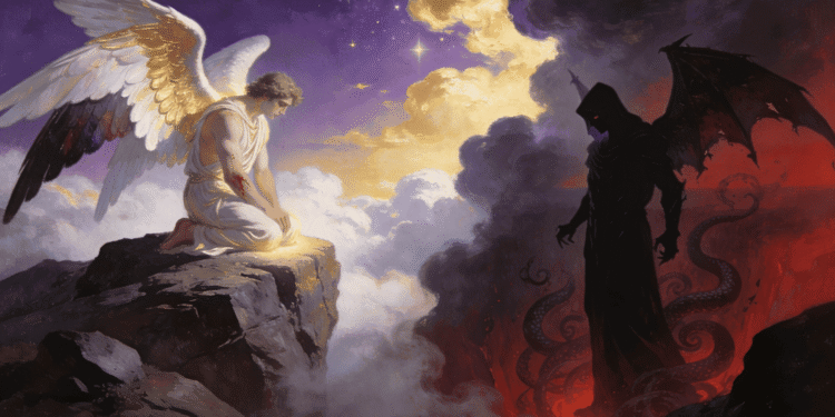 Lucifer y Satanás. Contraste entre Lucifer como ángel de luz herido y meditabundo y Satanás como figura oscura envuelta en fuego y serpientes, representando los dos orígenes distintos de ambas figuras