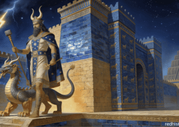 Marduk, dios supremo de Babilonia, con el mušhuššu a sus pies y la Puerta de Ishtar al fondo, sosteniendo el rayo y el cetro de su poder sobre el cosmos