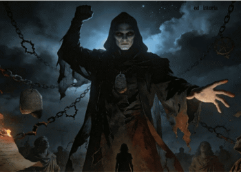 Mastema, el príncipe del mal del Libro de los Jubileos, figura oscura encadenada con pergaminos en llamas y figuras humanas a sus pies