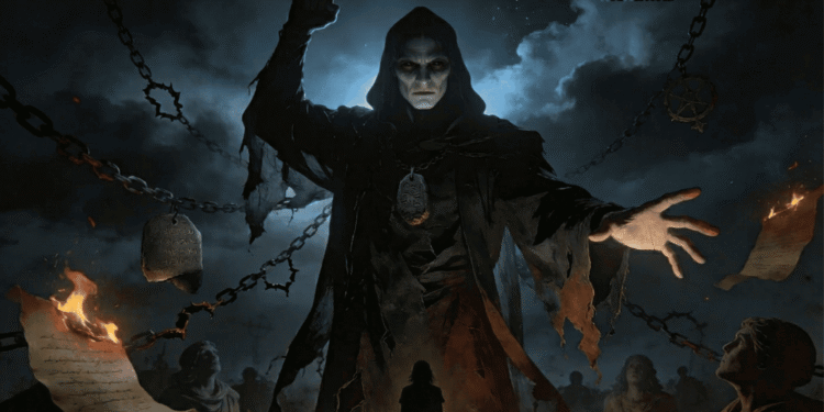 Mastema, el príncipe del mal del Libro de los Jubileos, figura oscura encadenada con pergaminos en llamas y figuras humanas a sus pies